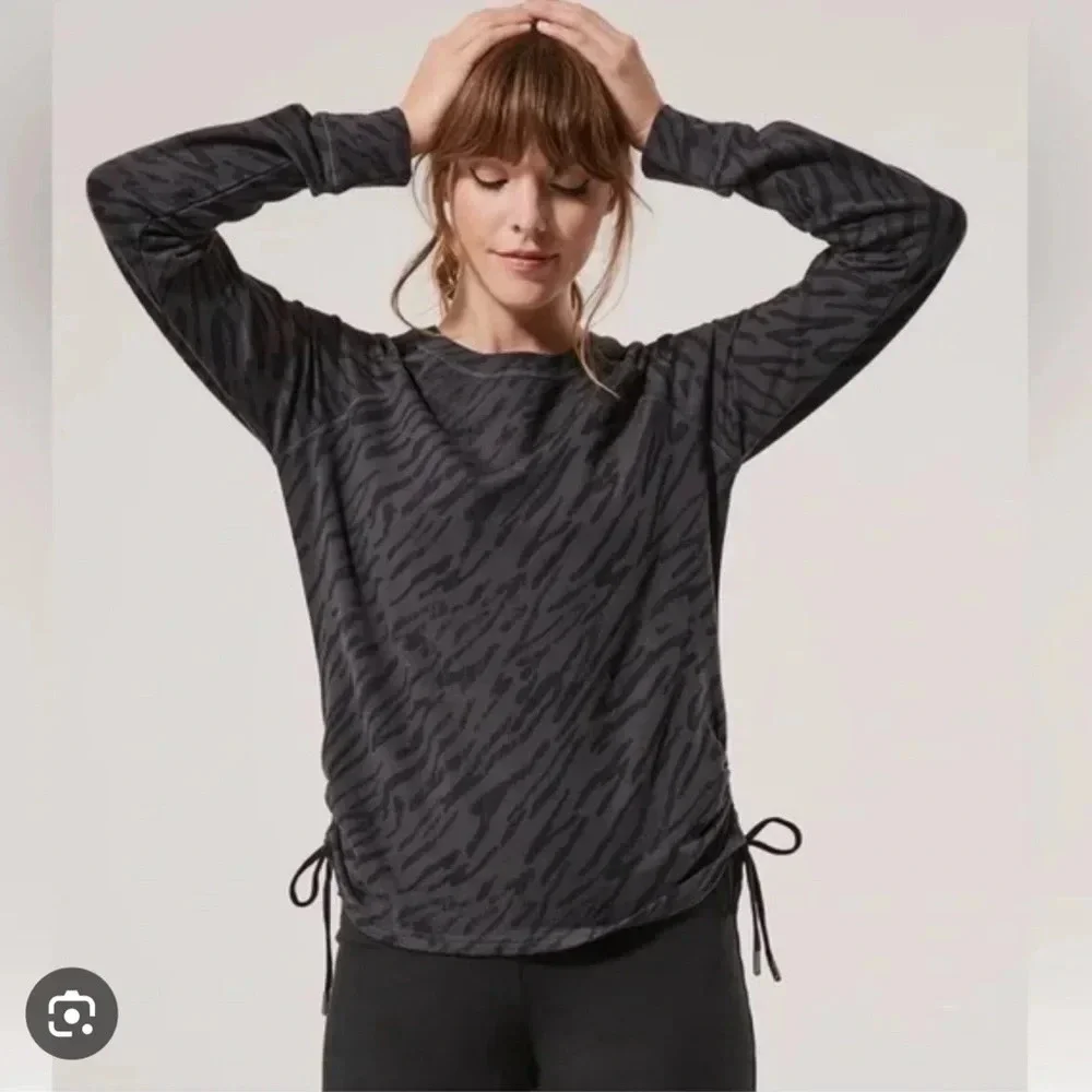PACT Women’s ORGANIC SM Gray Black Tonal Zebra Cinch Tie Pullover Long Sleeve - Picture 1 of 13